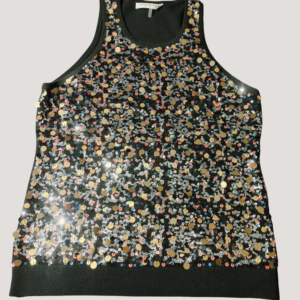 Trina Turk Womens Sequin-Embellished Merino Wool Knit Tank Top Large